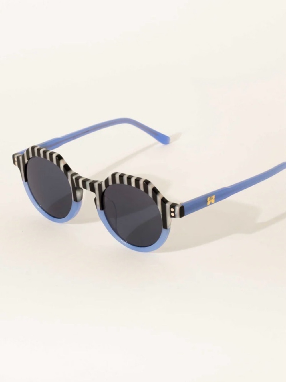 Striped Black & Light Blue Round Women's Sunglasses
